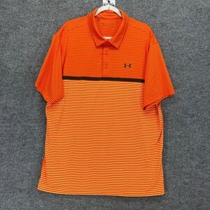 Under Armour Polo Shirt Mens 2XL Orange Striped HeatGear Performance Golf Top